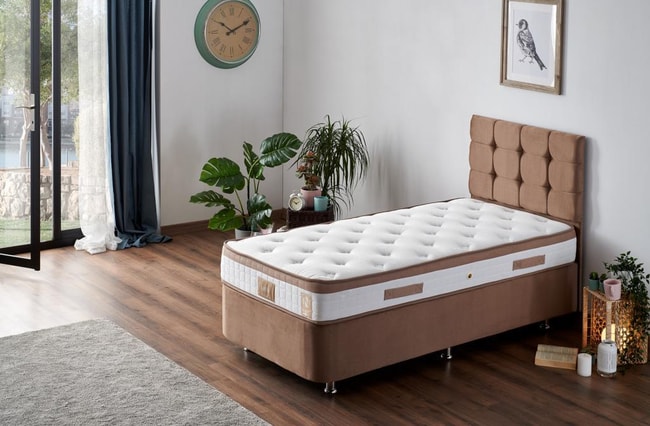 Niron Latte 90x190 cm Tek Kişilik Yatak Baza Başlık Seti - Sert Yatak, Kumaş Baza ve Başlık Takımı