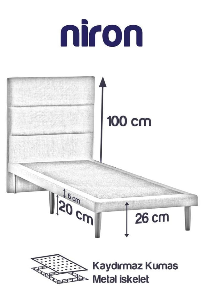 Niron Slim Baza ve Başlık Takımı 80x180 Tek Kişilik Gri Kumaş Kaplı Metal Karyola ve Başlık Seti