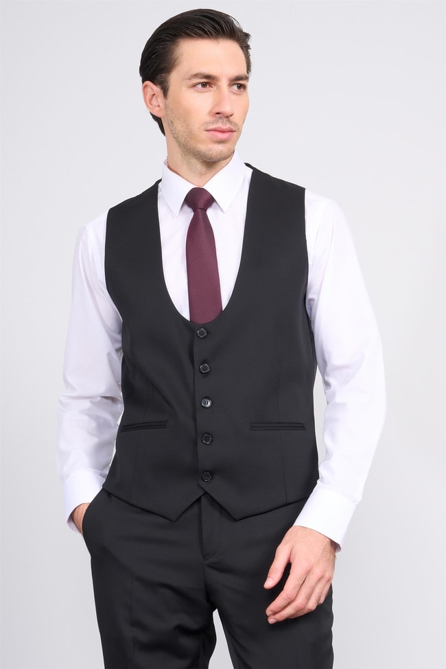 Atlıhan Lagos Siyah Erkek Polyviskon Slim Fit Yelekli Takım