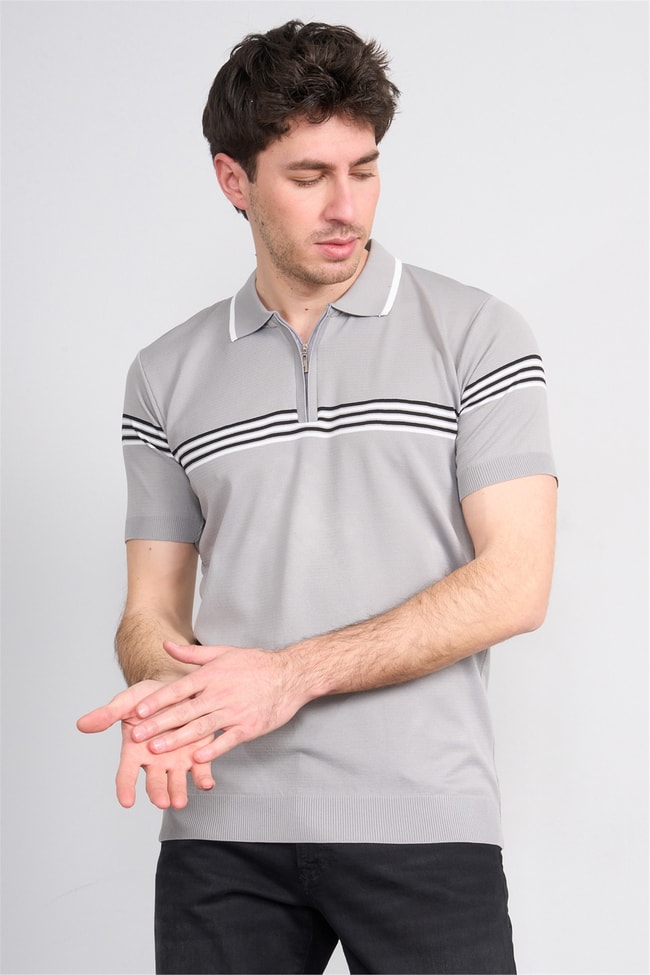 C.K Y26 805 Gri Erkek Triko Fermuarlı Çizgi Detaylı Polo Yaka Tişört M-Xxl