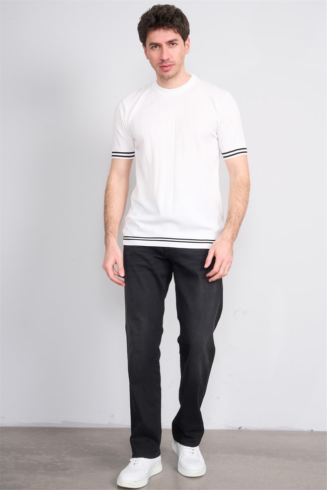 C.K Y26 828 Beyaz Erkek Triko Bisiklet Yaka Nakış Detaylı Şeritli Tişört M-Xxl
