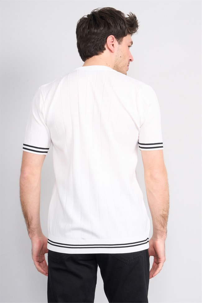 C.K Y26 828 Beyaz Erkek Triko Bisiklet Yaka Nakış Detaylı Şeritli Tişört M-Xxl