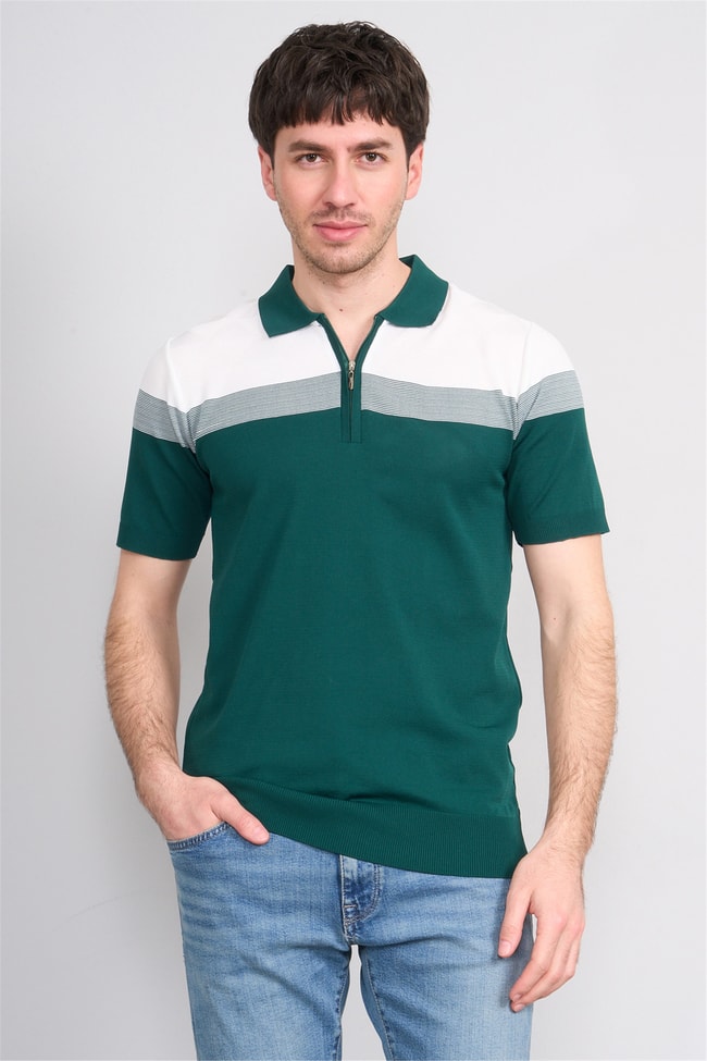 C.K Y26 802 Zümrüt Erkek Triko Fermuarlı Desenli Polo Yaka Tişört M-Xxl