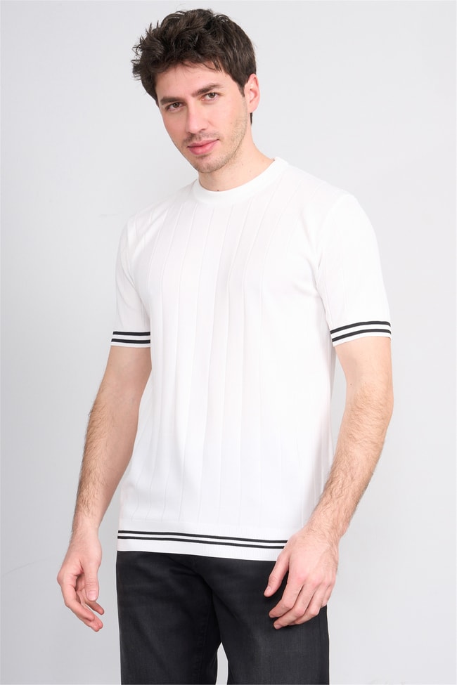 C.K Y26 828 Beyaz Erkek Triko Bisiklet Yaka Nakış Detaylı Şeritli Tişört M-Xxl