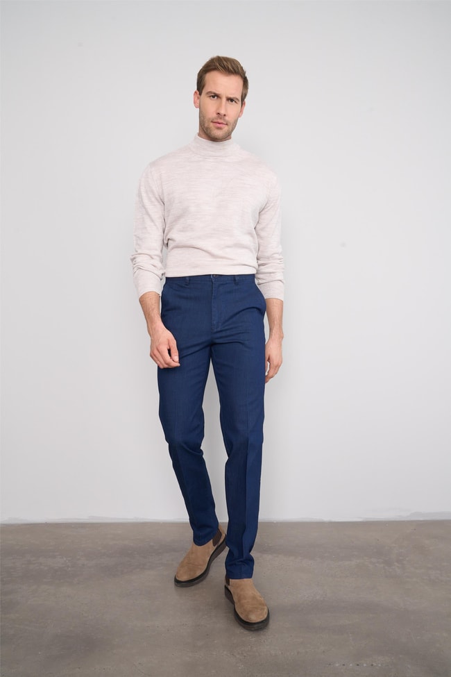 Çetinkaya Chester Polo 9352 Geniş Paça Regular Tencel Koyu Mavi Pantolon