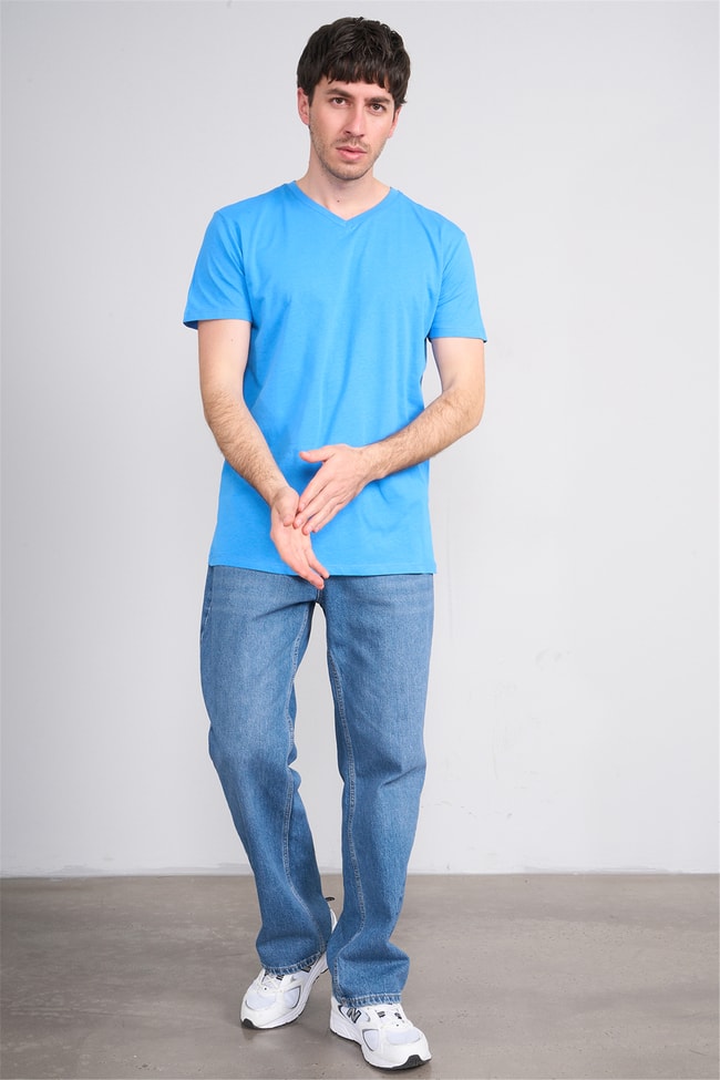 Çetinkaya Mentality 2772 V Yaka Slimfit Basic T-shirt Koyu Mavi