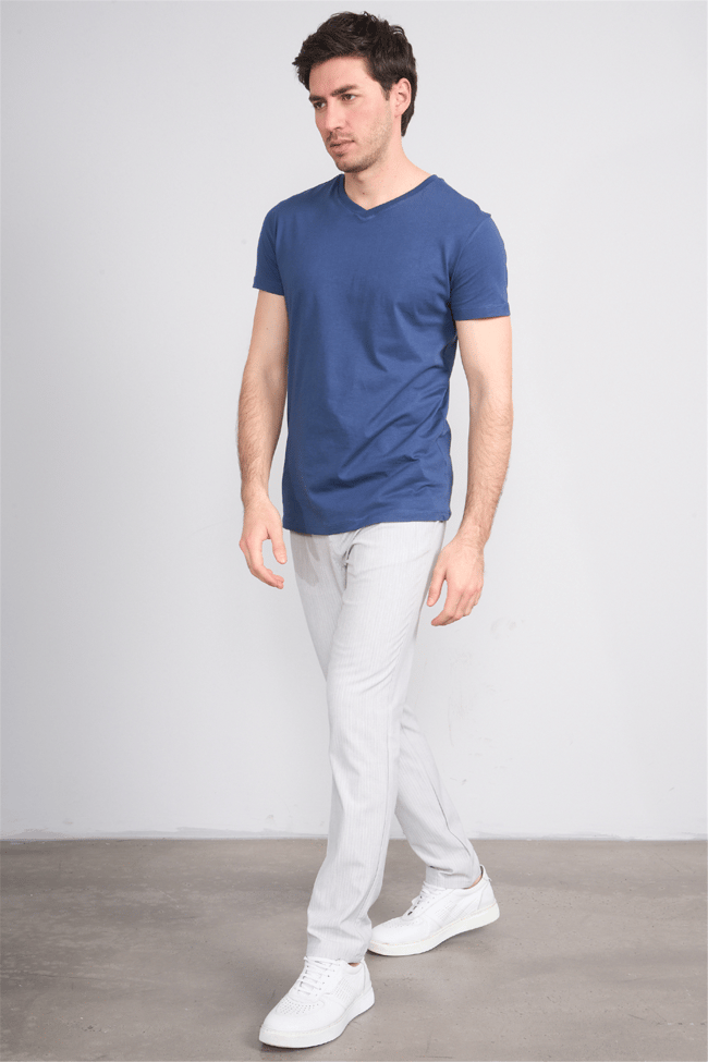 Çetinkaya Mentality 2772 V Yaka Slimfit Basic T-shirt İndigo