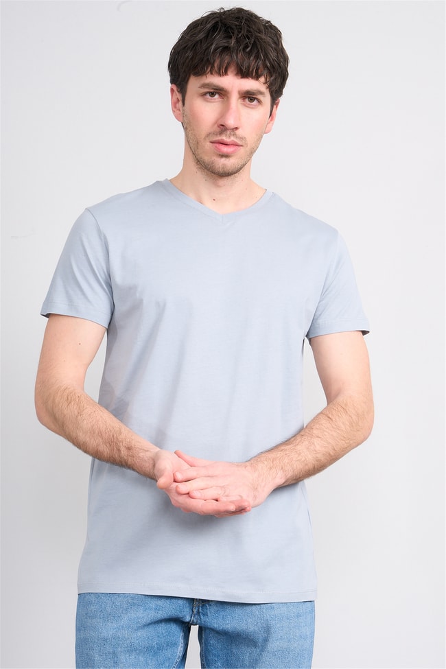 Çetinkaya Mentality 2772 V Yaka Slimfit Basic T-shirt Düz Açık Gri