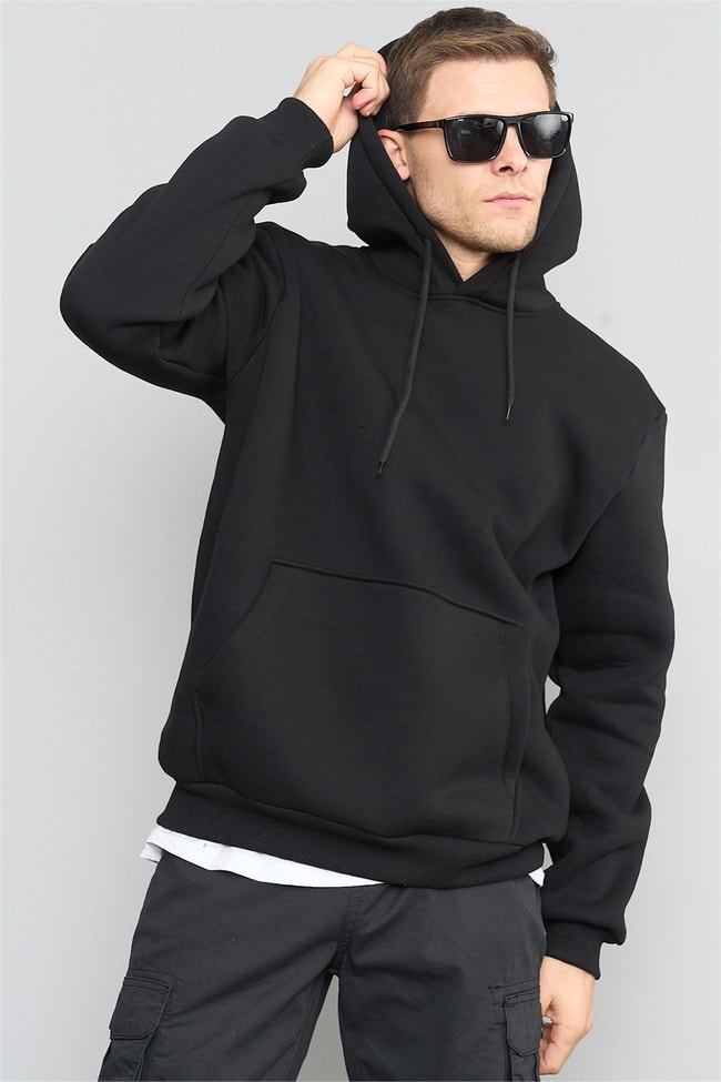 Çetinkaya Mentality 3035 3 İplik Kapüşonlu Siyah Sweatshirt