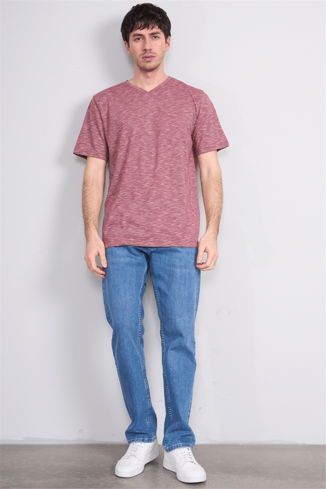 Çetinkaya Mentality 3447 V Yaka Flamlı Sıngle Jersey Regular T-shirt Bordo