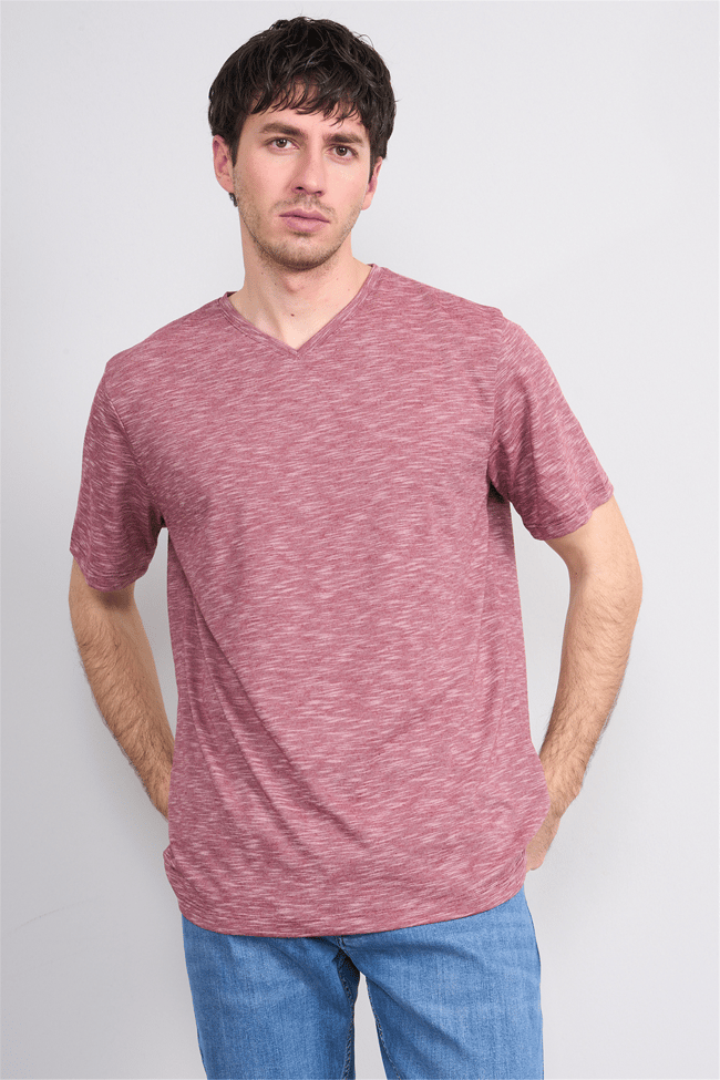 Çetinkaya Mentality 3447 V Yaka Flamlı Sıngle Jersey Regular T-shirt Bordo