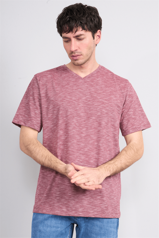 Çetinkaya Mentality 3447 V Yaka Flamlı Sıngle Jersey Regular T-shirt Bordo