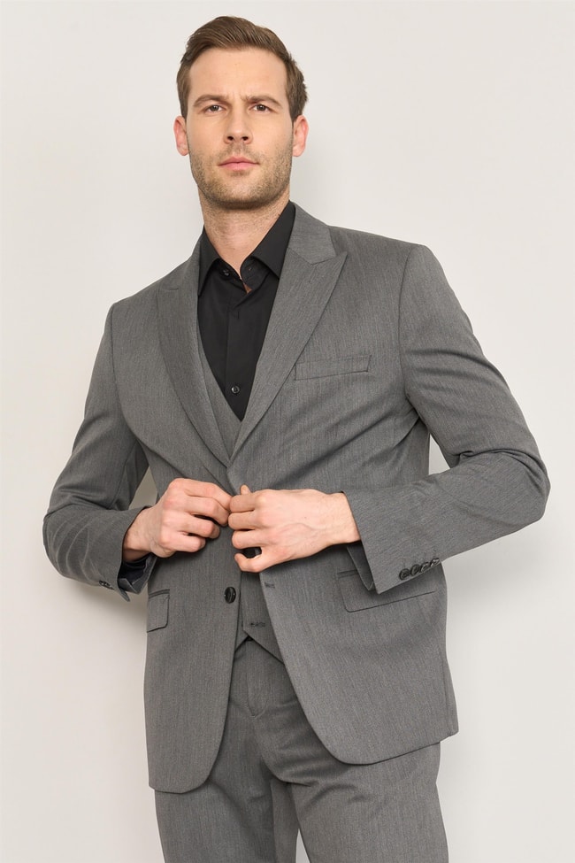 Çetinkaya Mentality 3448 Erkek Yunter Loco Slim Fit Yelekli Takım Elbise Gri