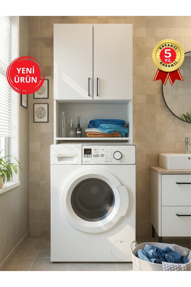 Dorpek Brillon Çamaşır Makinesi Dolabı – Banyo Dolabı & Çamaşır Odası Uyumlu Dolap, Çok Amaçlı Dolap Beyaz
