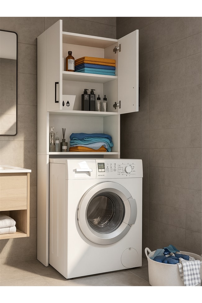 Dorpek Brillon Çamaşır Makinesi Dolabı – Banyo Dolabı & Çamaşır Odası Uyumlu Dolap, Çok Amaçlı Dolap Beyaz