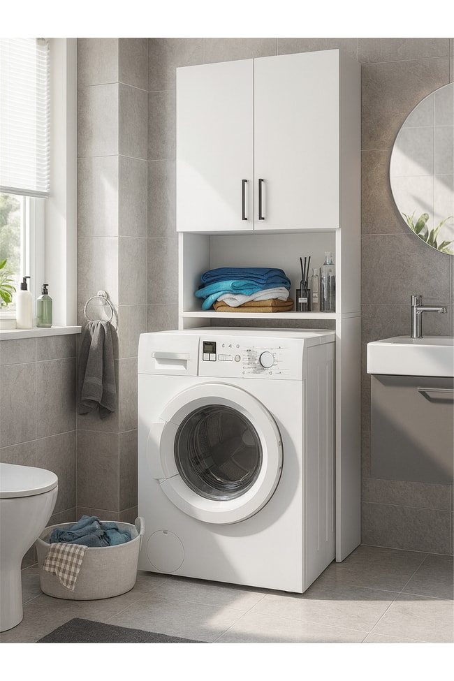 Dorpek Brillon Çamaşır Makinesi Dolabı – Banyo Dolabı & Çamaşır Odası Uyumlu Dolap, Çok Amaçlı Dolap Beyaz