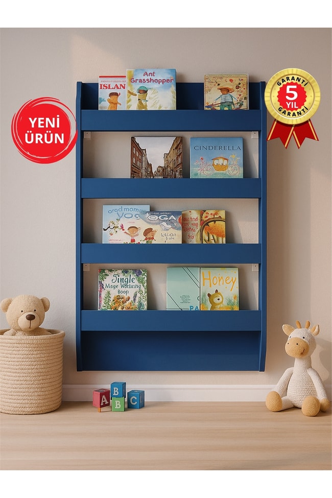 Dorpek Drama Çocuk Odası Montessori Kitaplık - Eğitici Çocuk Kitap Rafı, Şık Lacivert Raf