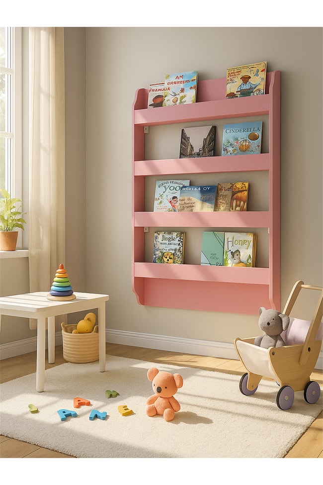 Dorpek Drama Çocuk Odası Montessori Kitaplık - Eğitici Çocuk Kitap Rafı, Şık Pembe Raf
