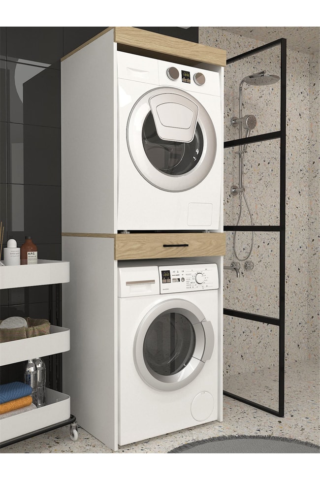 Dorpek Fika Çamaşır ve Kurutma Makinesi Dolabı Çok Amaçlı Dolap Banyo Dolabı Beyaz-Rota
