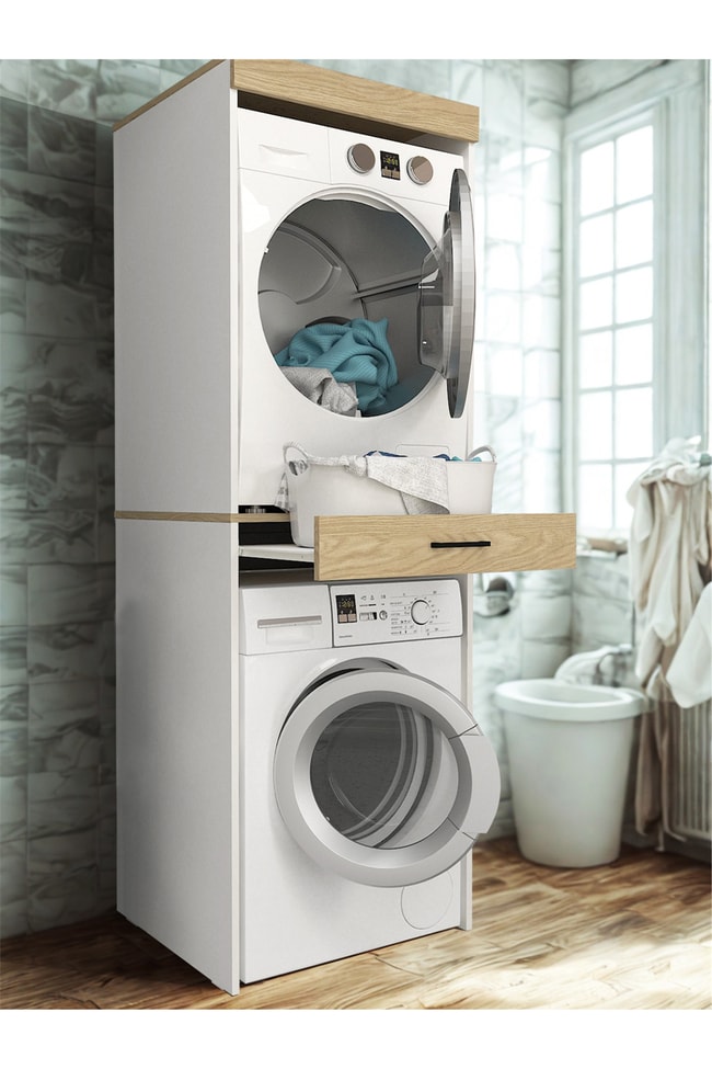 Dorpek Fika Çamaşır ve Kurutma Makinesi Dolabı Çok Amaçlı Dolap Banyo Dolabı Beyaz-Rota