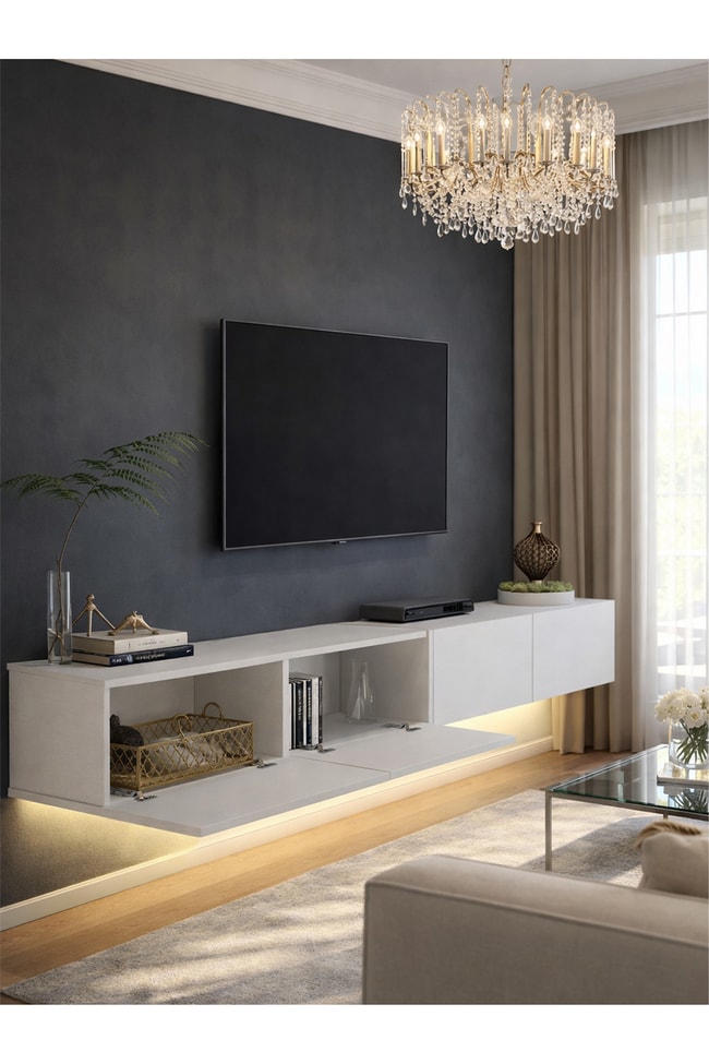 Dorpek Homeros LEDli Tv Sehpa & Ünitesi, Duvara Monte Tv Ünitesi Beyaz 240 cm