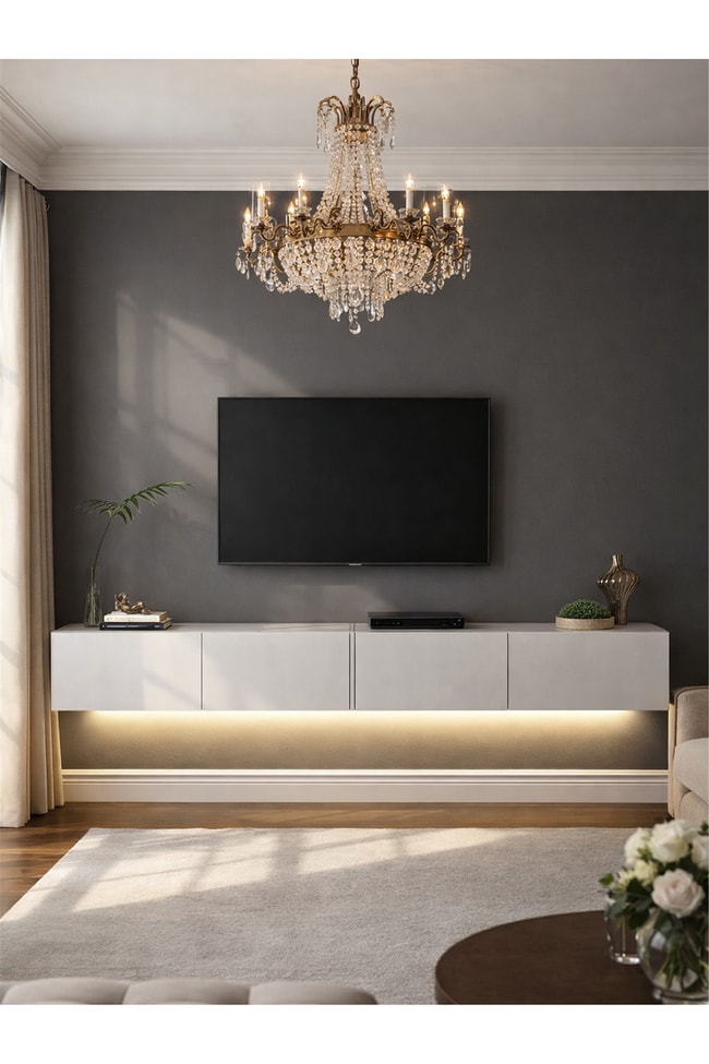 Dorpek Homeros LEDli Tv Sehpa & Ünitesi, Duvara Monte Tv Ünitesi Beyaz 240 cm