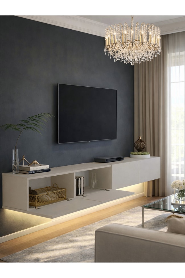 Dorpek Homeros LEDli Tv Sehpa & Ünitesi, Duvara Monte Tv Ünitesi Kumtaşı 240 cm