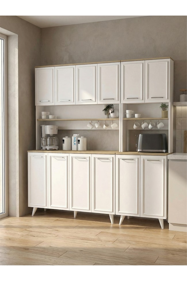 Dorpek Potter 4 Kapaklı Mutfak Dolabı & Potter 2 Kapaklı Kahve Köşesi, Çok Amaçlı Dolap - Beyaz 180 cm