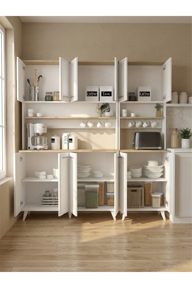 Dorpek Potter 4 Kapaklı Mutfak Dolabı & Potter 2 Kapaklı Kahve Köşesi, Çok Amaçlı Dolap - Beyaz 180 cm