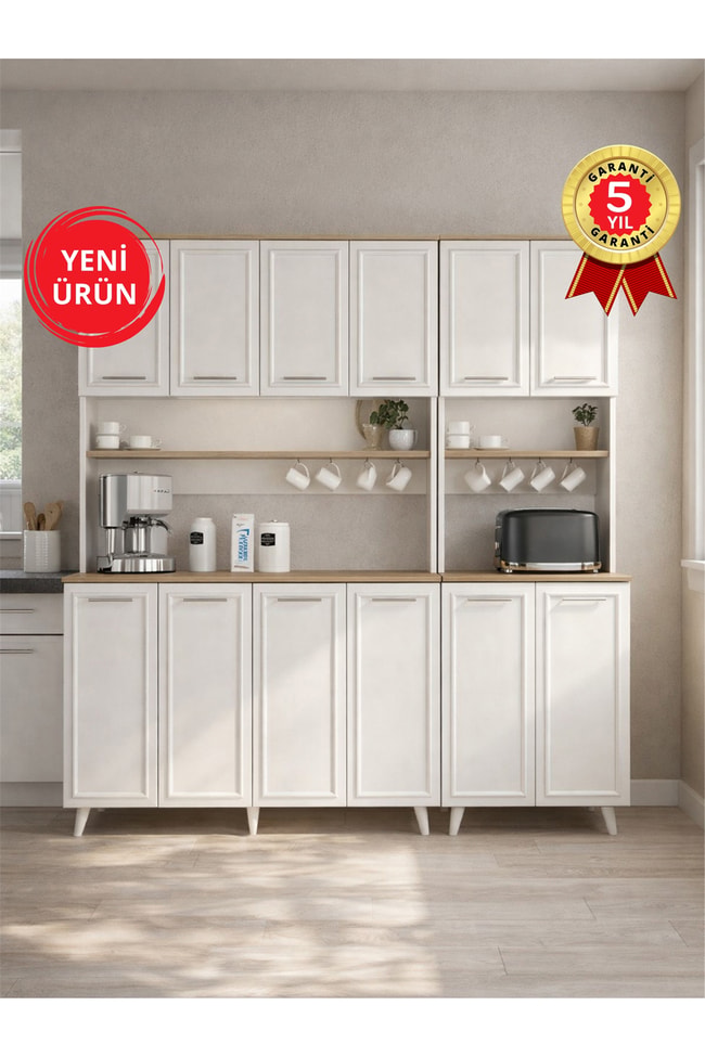 Dorpek Potter 4 Kapaklı Mutfak Dolabı & Potter 2 Kapaklı Kahve Köşesi, Çok Amaçlı Dolap - Beyaz 180 cm
