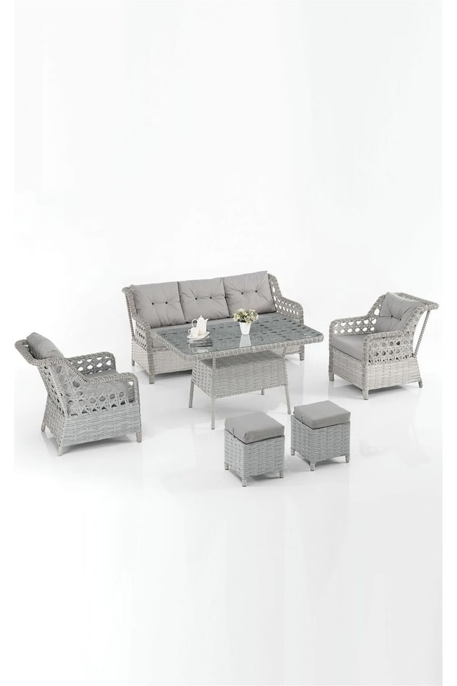Evdemo Eren Rattan Puflu Bahçe Balkon Takımı 3+1+1 Gri