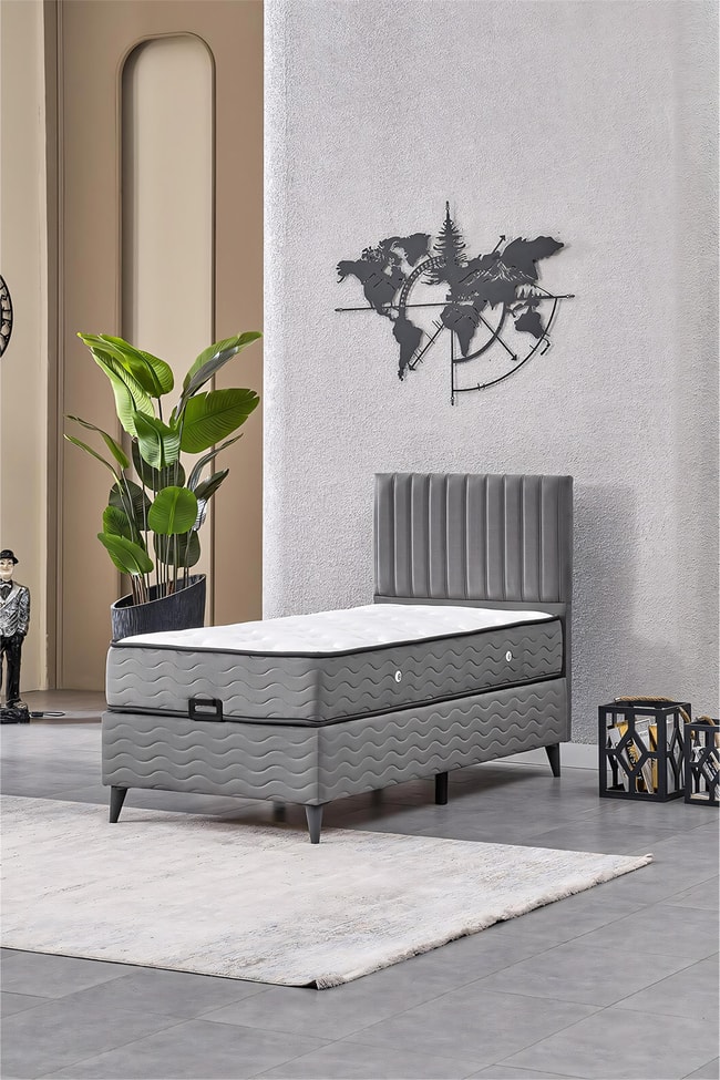 Evdemo Ezgi Tek Kişilik Baza Başlık Set Gri 90*190