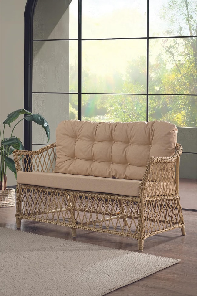 Evdemo Icon Rattan Bahçe Balkon Oturma Takımı 2+1+1+Camlı Masa Cappuccino