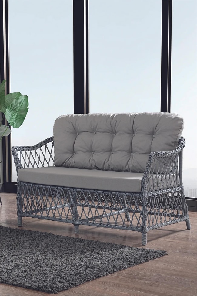 Evdemo Icon Rattan Bahçe Balkon Oturma Takımı 2+1+1+Camlı Masa Gri