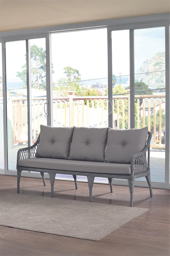 Evdemo Joy Rattan Puflu Bahçe Balkon Takımı 3+1+1+ Camlı Masa Gri