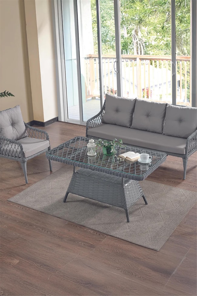 Evdemo Joy Rattan Puflu Bahçe Balkon Takımı 3+1+1+ Camlı Masa Gri