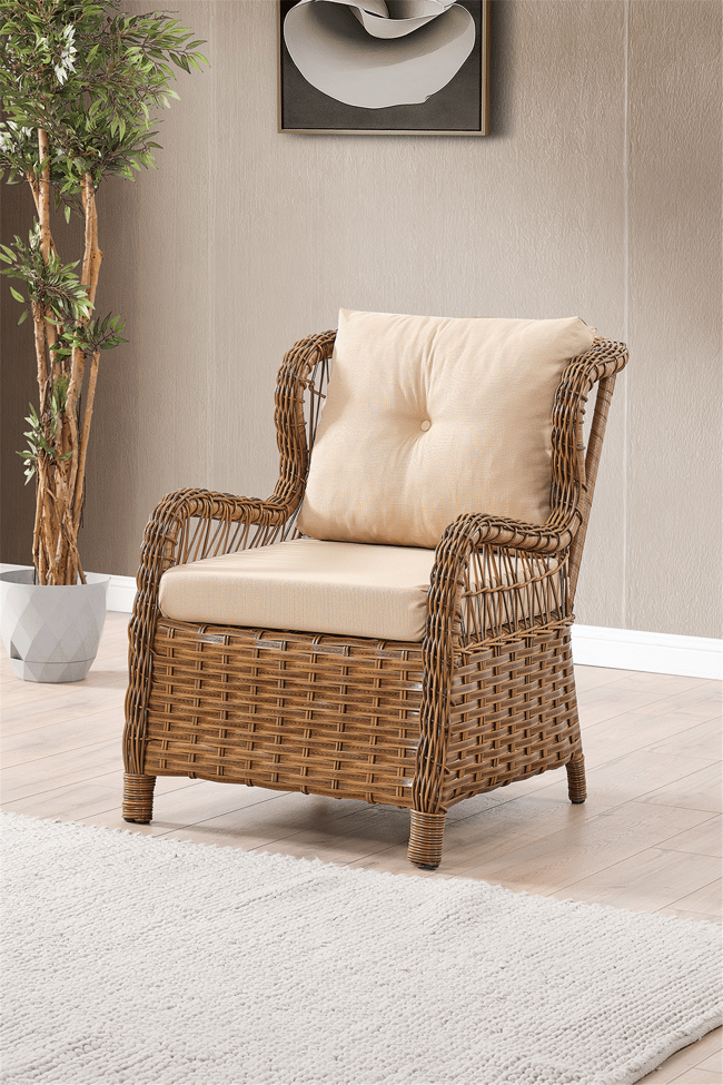 Evdemo Paris Rattan Puflu Bahçe Balkon Takımı 3+1+1 Cam Masalı Kahve
