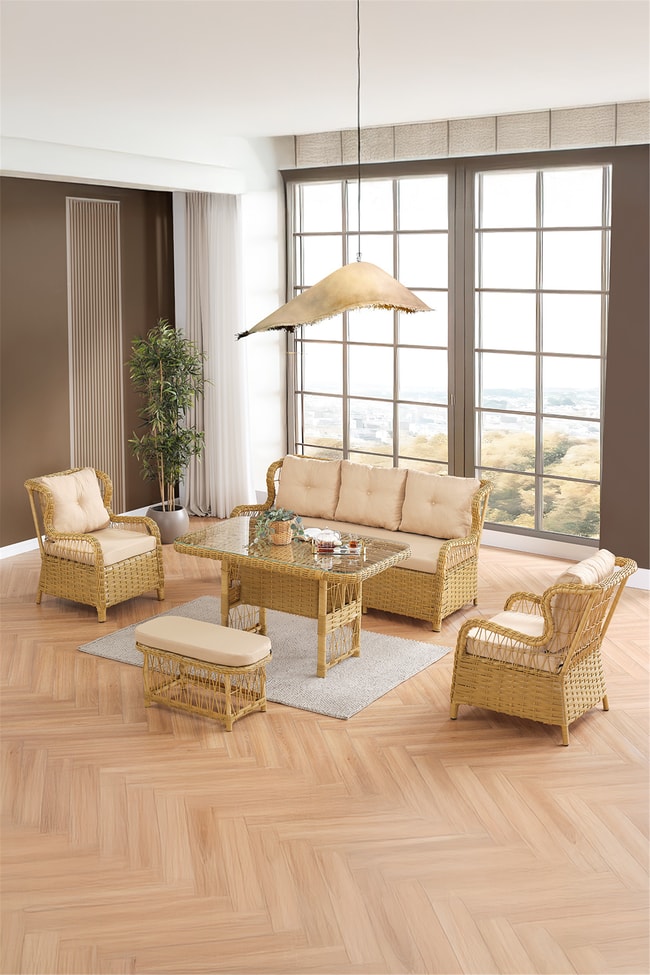 Evdemo Paris Rattan Puflu Bahçe Balkon Takımı 3+1+1 Cam Masalı Cappuccino
