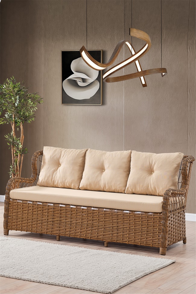 Evdemo Paris Rattan Puflu Bahçe Balkon Takımı 3+1+1 Cam Masalı Kahve