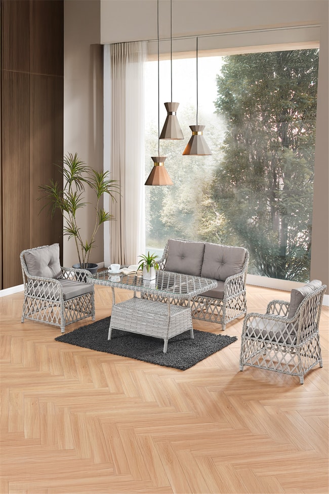 Evdemo Roma Rattan Bahçe Balkon Takımı 2+1+1 Cam Masalı Gri