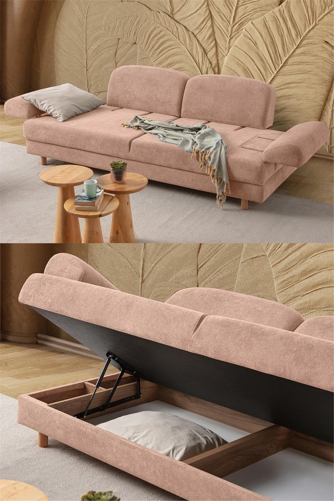 Eymense Aries Yataklı Sandıklı Koltuk Takımı 3+3+1 Pembe