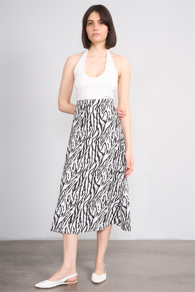Fithit 4652 Bayan Viskon Regular Çan Etek Beyaz Üzeri Zebra Desen