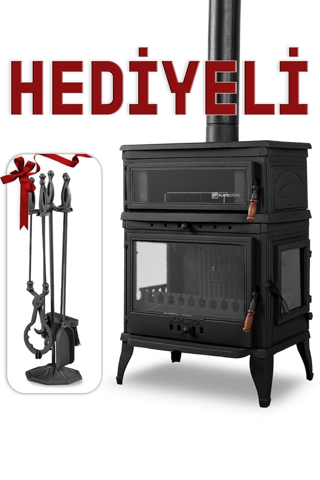 FLAME STOVE Retro 3 camlı yan kapaklı Fırınlı  Şömine Soba (45YK) / MAŞA TAKIMI HEDİYELİ