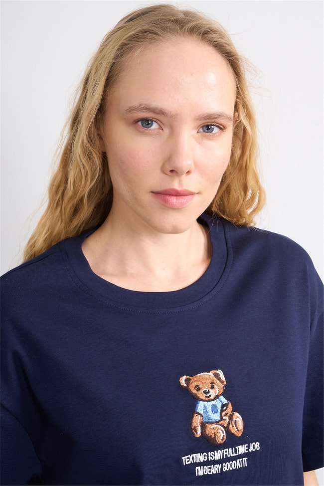Helly Y25 Mb-5632 Lacivert Kadın Ayıcıklı T-Shirt