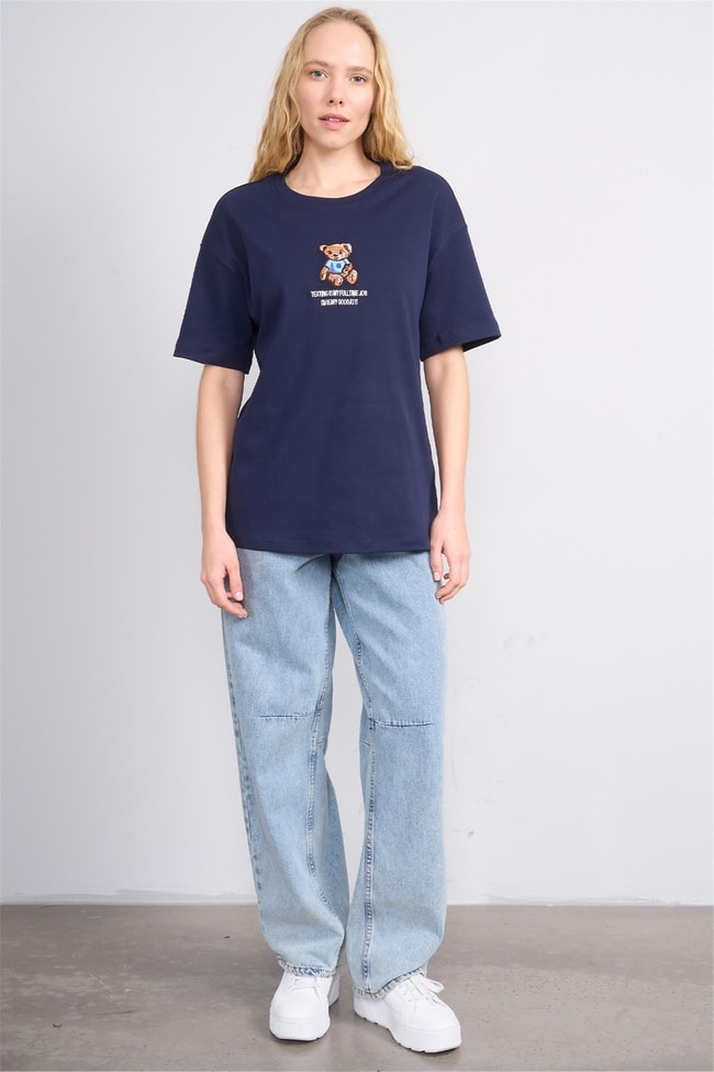 Helly Y25 Mb-5632 Lacivert Kadın Ayıcıklı T-Shirt