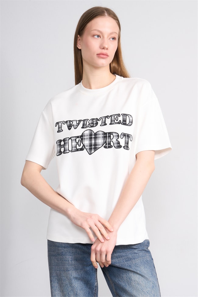 Helly Y26 Mb-8457 Ekru Kadın Yazılı T-Shirt S-Xl