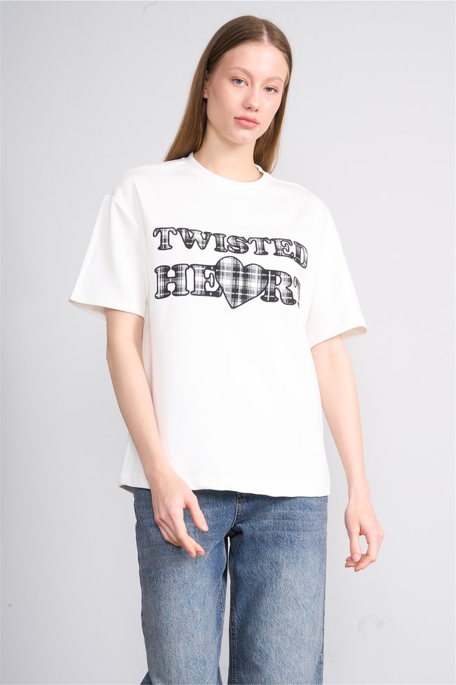 Helly Y26 Mb-8457 Ekru Kadın Yazılı T-Shirt S-Xl