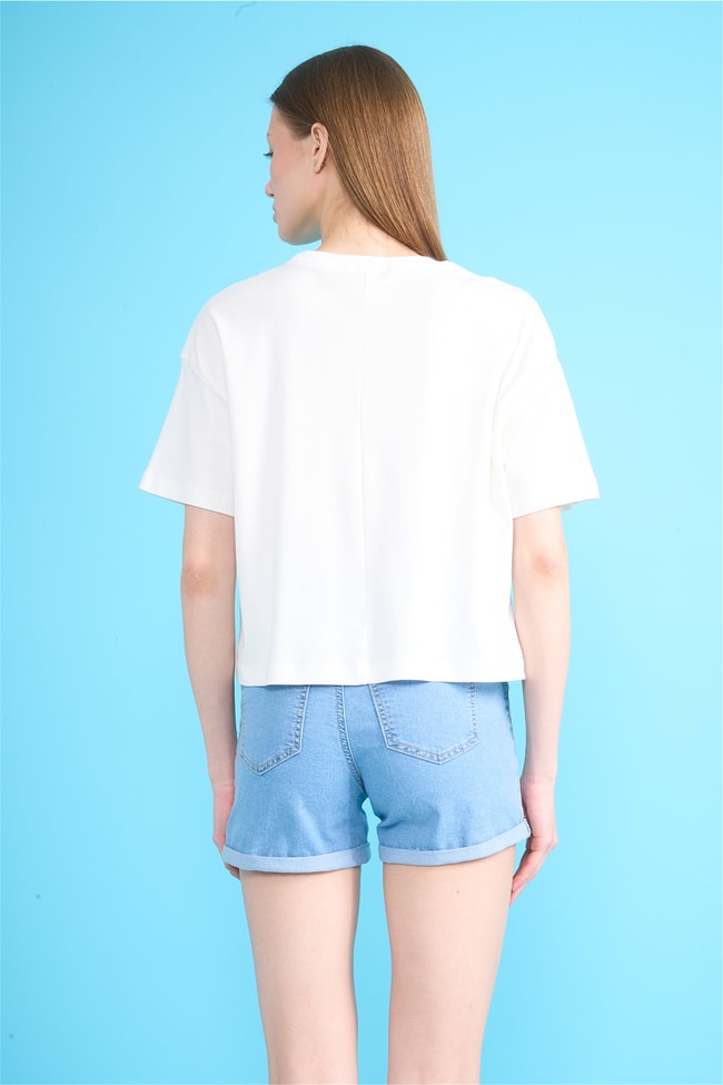 Ikoll Y26 1004503 Ekru Kadın Basic Crop T-shirt