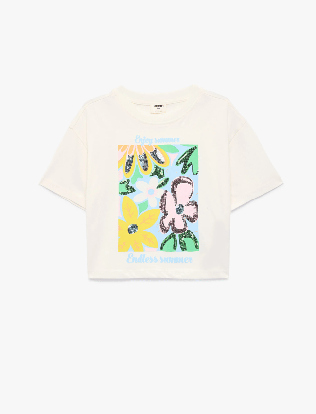 Koton Y26 6Skg10031Ak 010 Ekru Kız Çocuk Jersey Kısa Kol T-Shirt