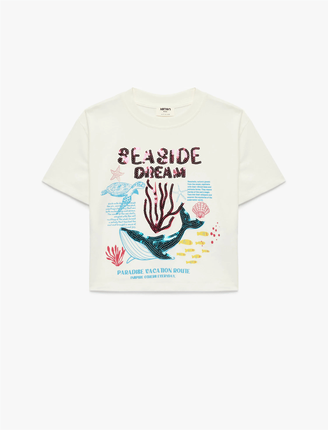 Koton Y26 6Skg10104Ak 010 Ekru Kız Çocuk Jersey Kısa Kol T-Shirt